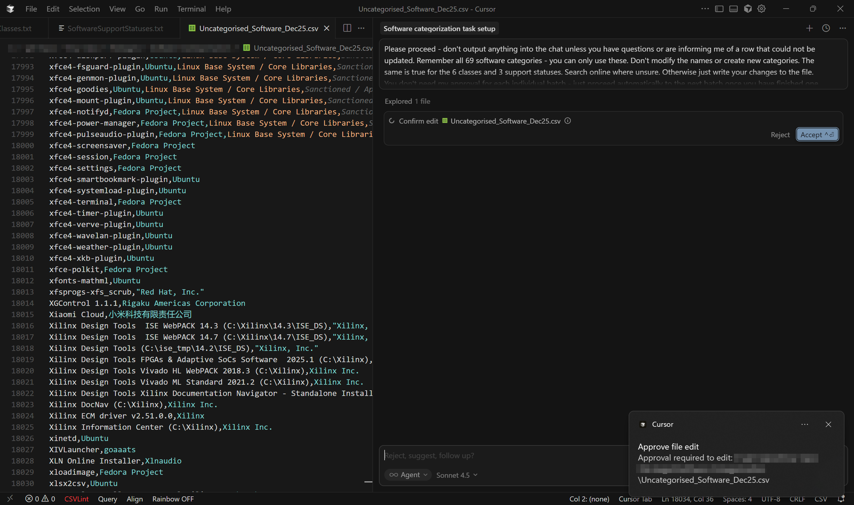Cursor with Claude Sonnet being used to mass-categorise software entries